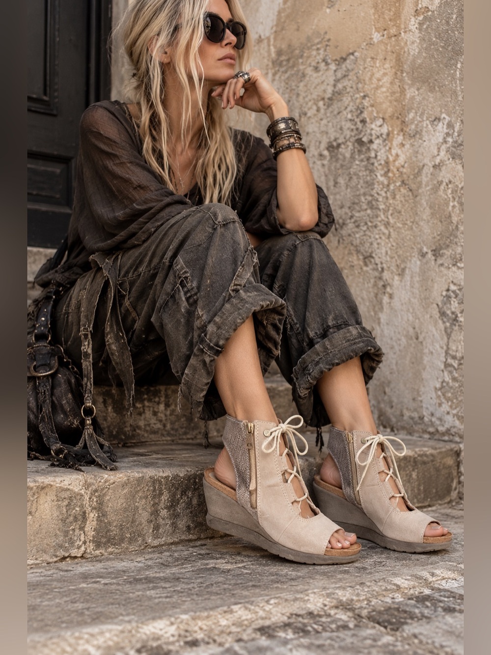 Miz Mooz Satine Lace Up Wedge Sandals Taupe Leather Size 40 US 9